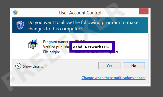 Screenshot where Azadi Network LLC appears as the verified publisher in the UAC dialog